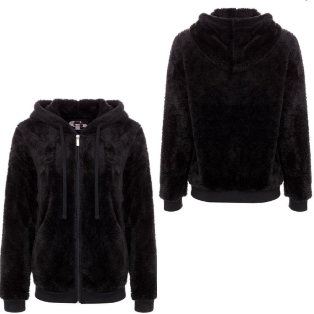 Ultra Soft Faux Fur Black Hooded Zip Jacket